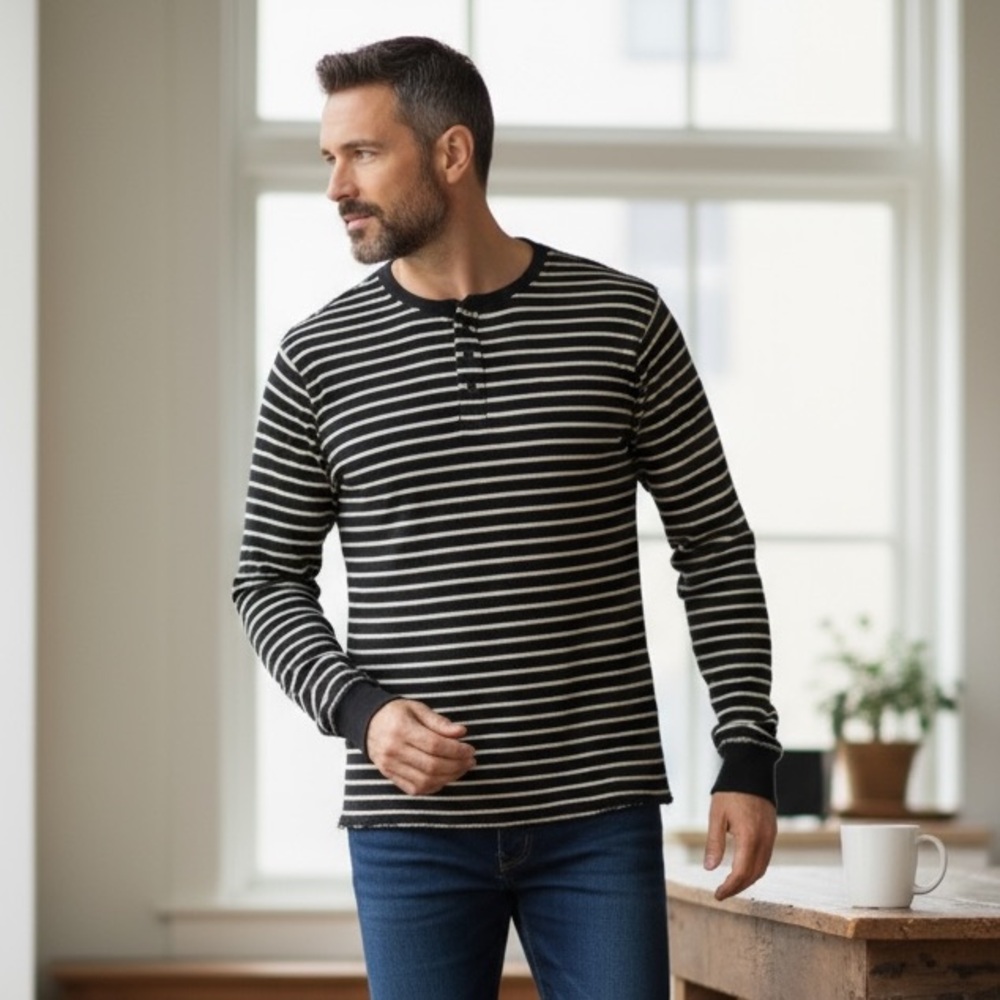 Good Counsel Black White Striped Men's Henley Long sleeve Shirt 3X or 5X NWT